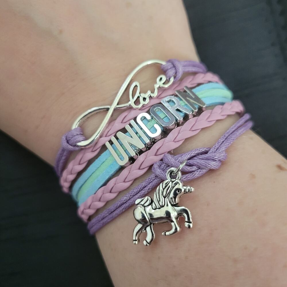 Unicorn charm bracelet, purple pink blue layered band with silver-tone charms